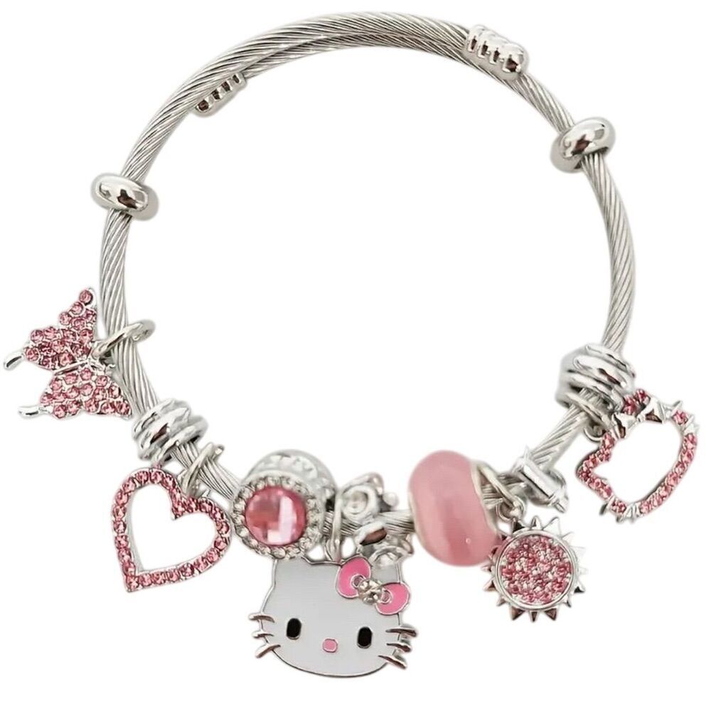 Sanrio Hello Kitty Pink Charm Bracelet Hearts & Butterflies Y2k Birthday Bling - Picture 4 of 6